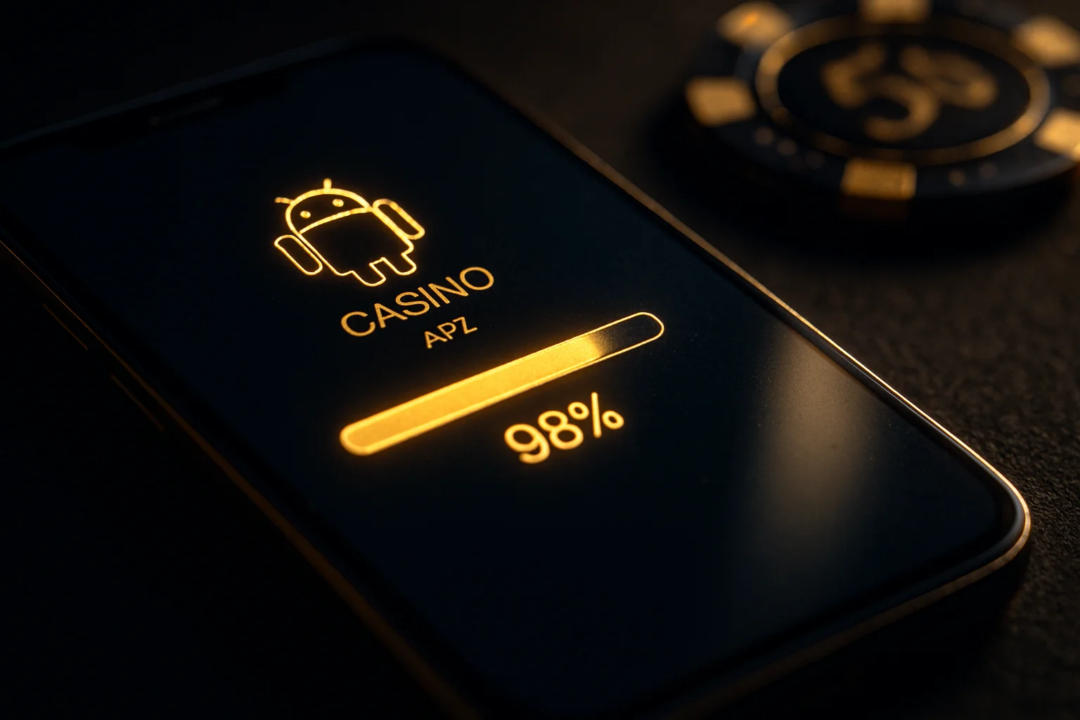 Macro cinematic Android phone showing casino APK download progress bar at 98%