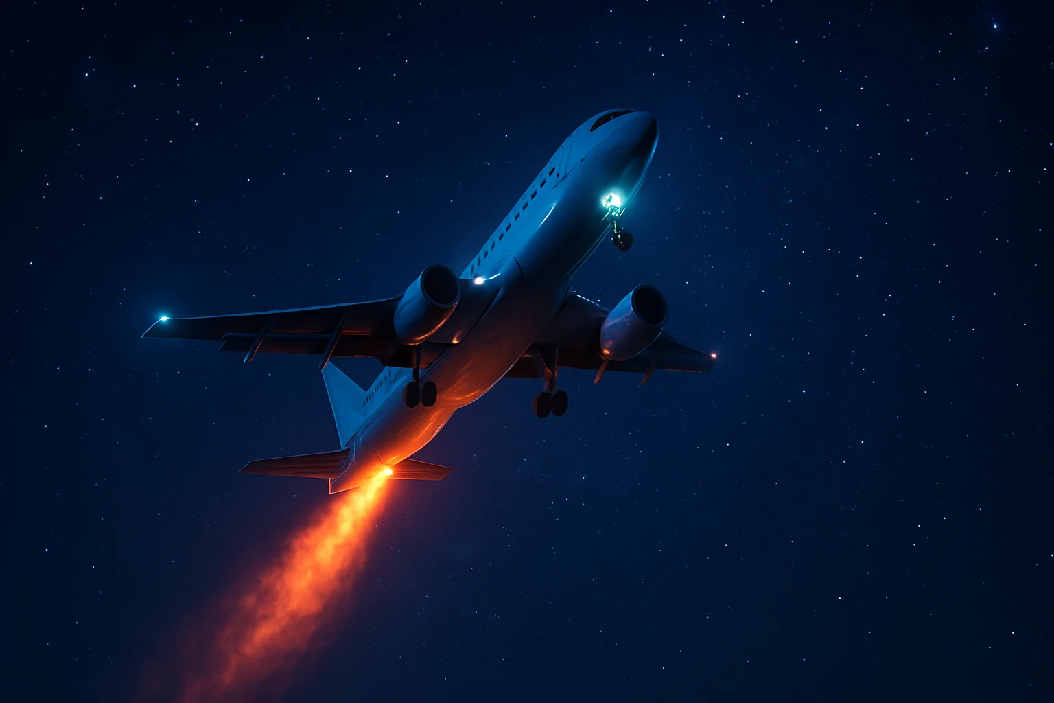 Illuminated aircraft ascending steeply in star-filled night sky with fiery trail