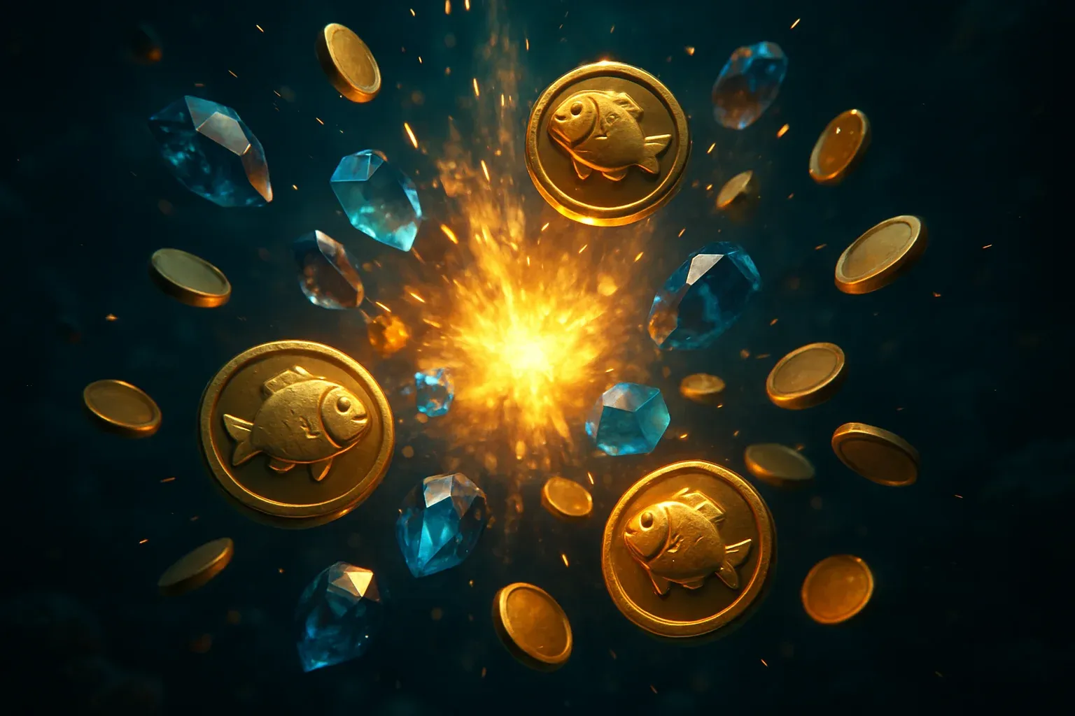 Cinematic underwater burst of fishing game coins, gems, and glowing fish tokens