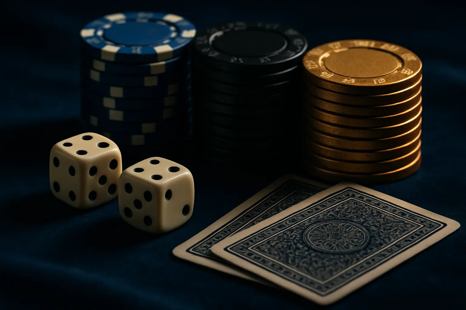 Ultra-realistic macro of poker chips, cards, and dice on blue velvet