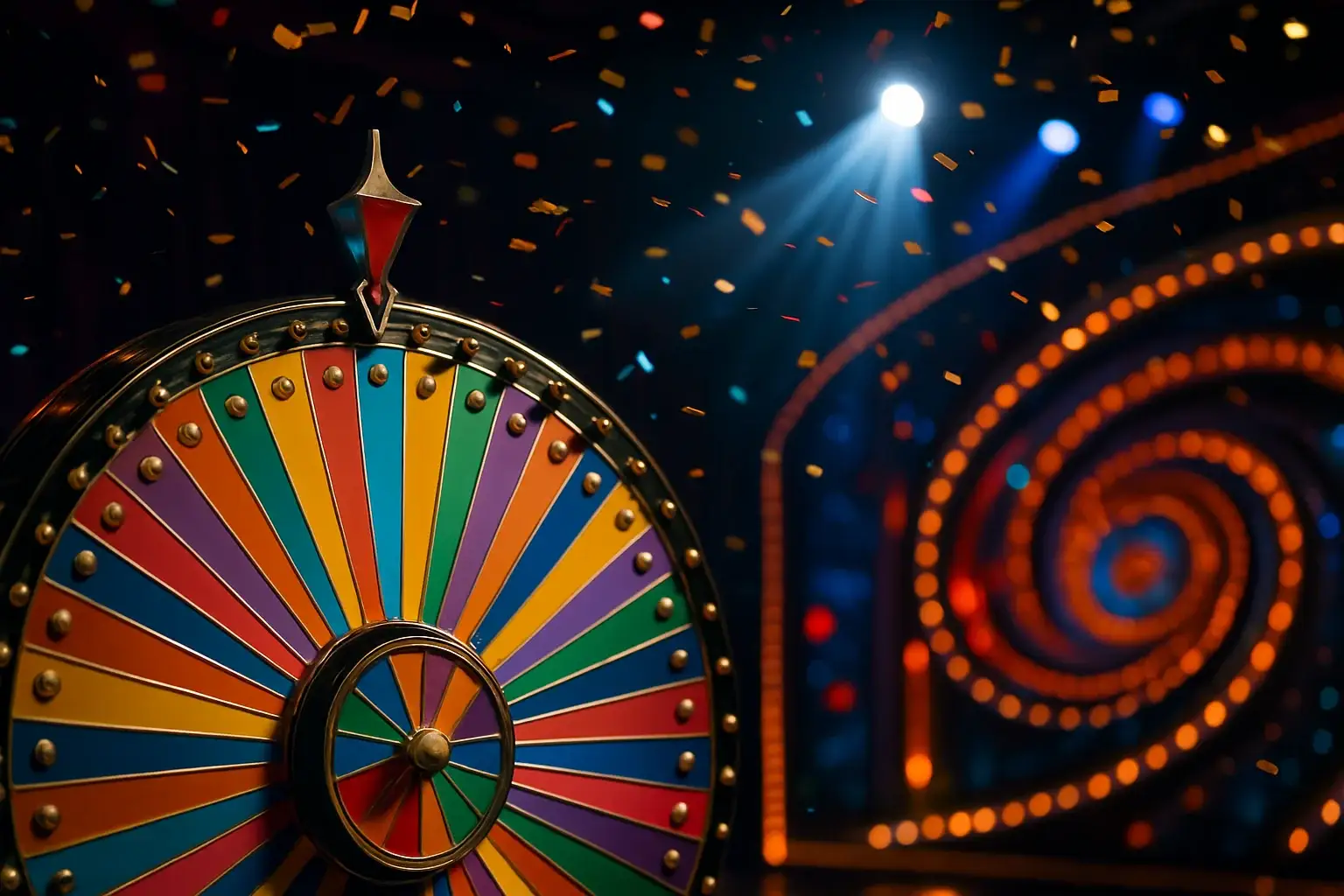 Ultra-realistic live casino game show studio with colorful spinning money wheel