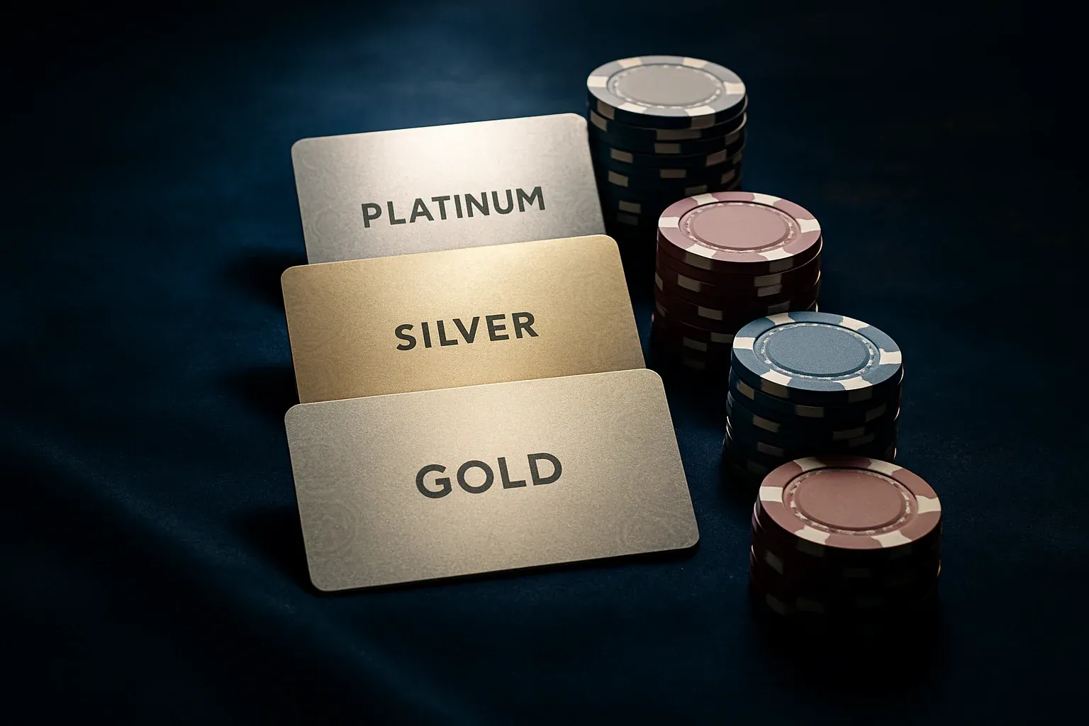 Tiered casino VIP loyalty cards on blue velvet with chip stacks