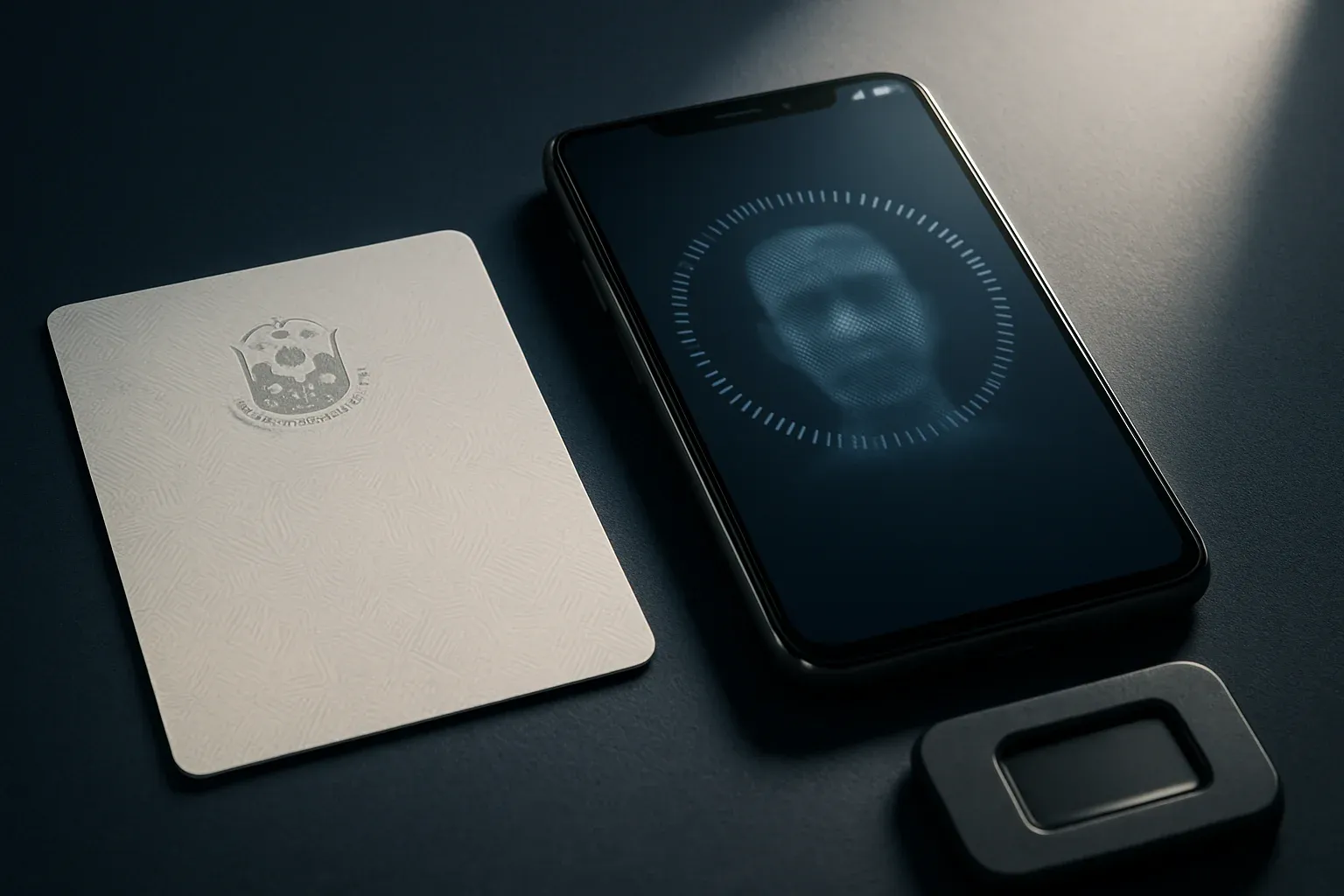 PhilSys card back with smartphone face scan and fingerprint sensor on dark blue