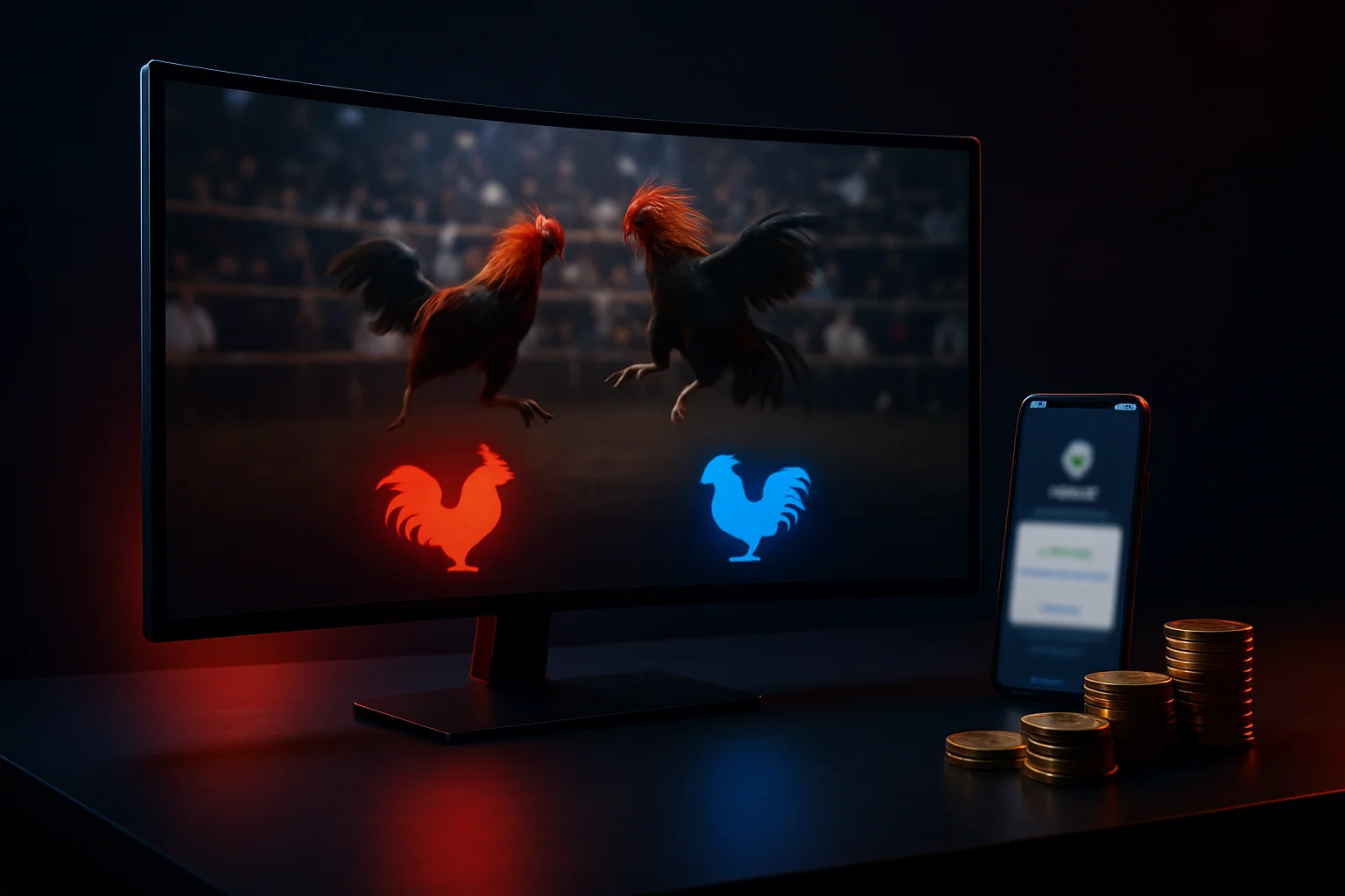 Ultra-realistic online sabong betting desk with curved monitor, smartphone, and chips