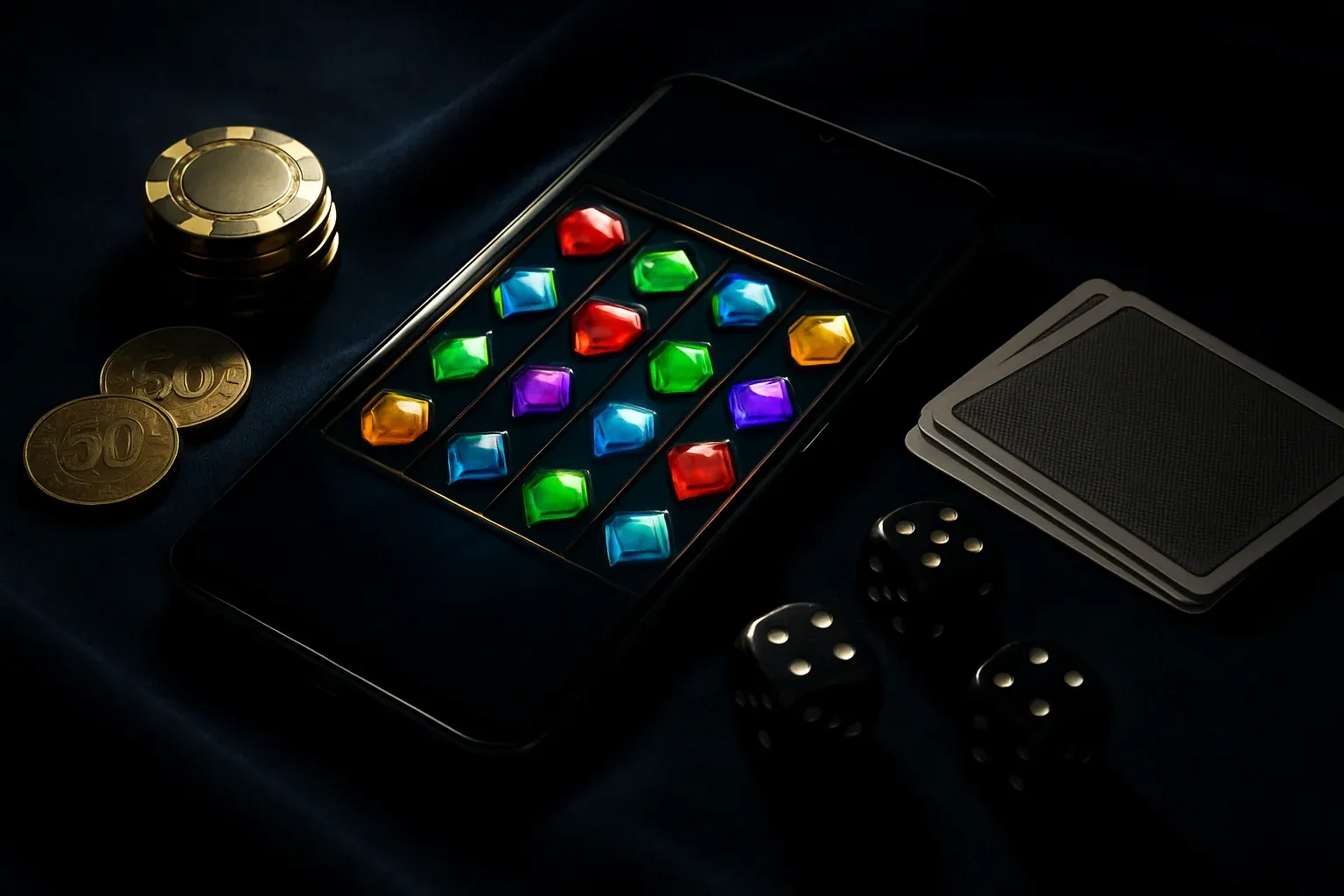 Smartphone showing slot game with Philippine casino chips, coins, dice, cards